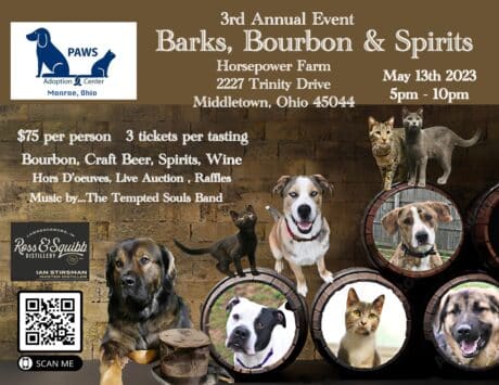 Barks, Bourbon, & Spirits flyer with dogs and cats